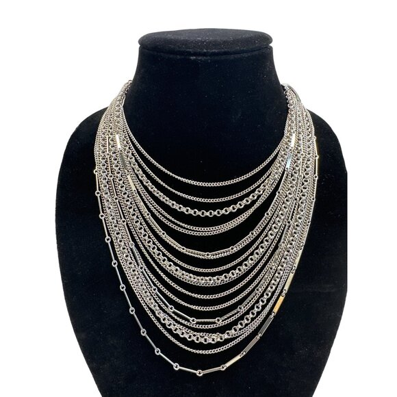 Women's Silver Tone Multi Layer Bib Chain Necklace - 17in - Picture 2 of 7